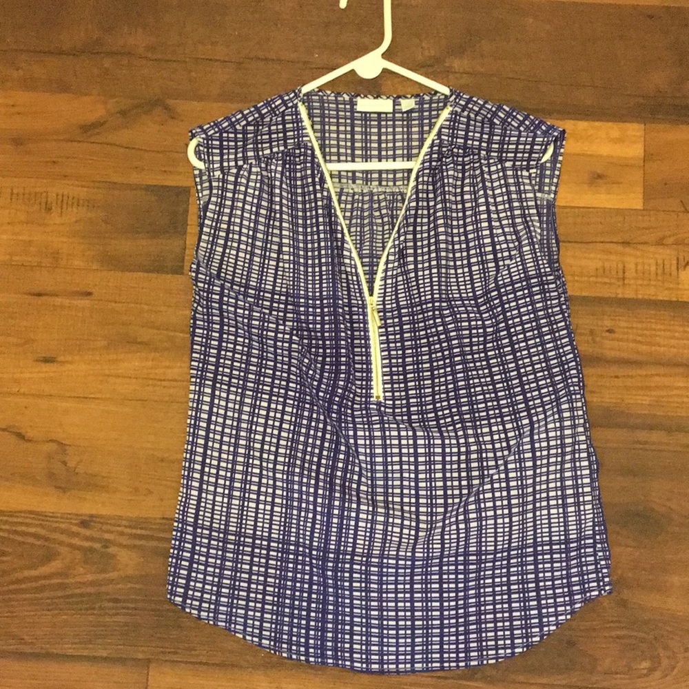 Blue and White Top with gold zipper accent
